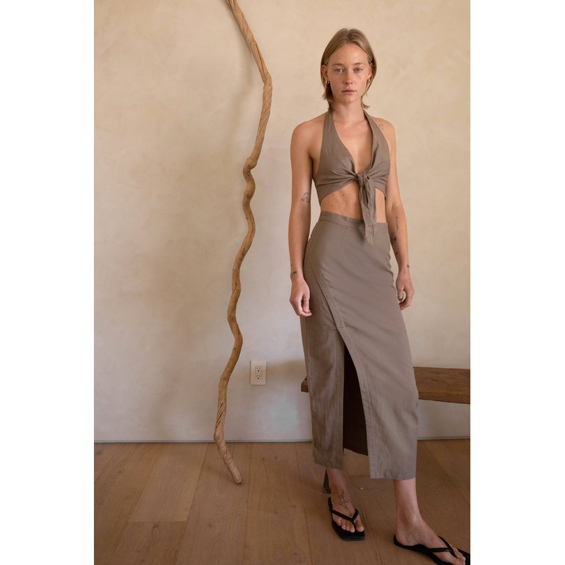 LINEN BLEND WRAP SKIRT Taupe Extra Small