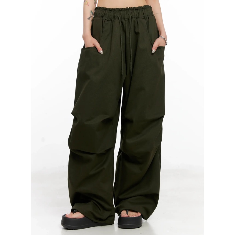 Casual Wide-Leg Pintuck Cotton Pants CL525 Dark green M/L