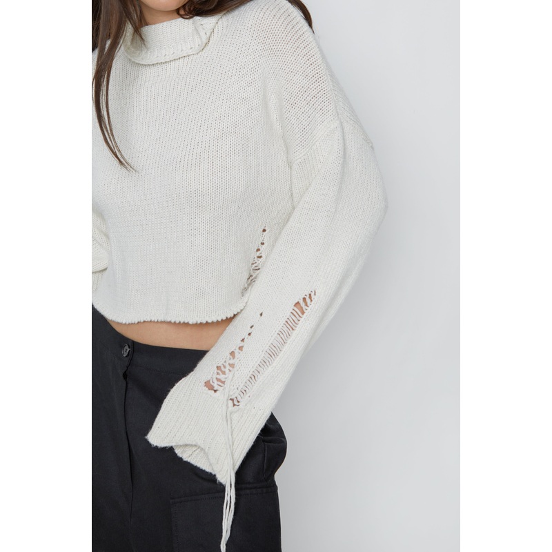 DISTRESSED TURTLENECK SWEATER Beige Small