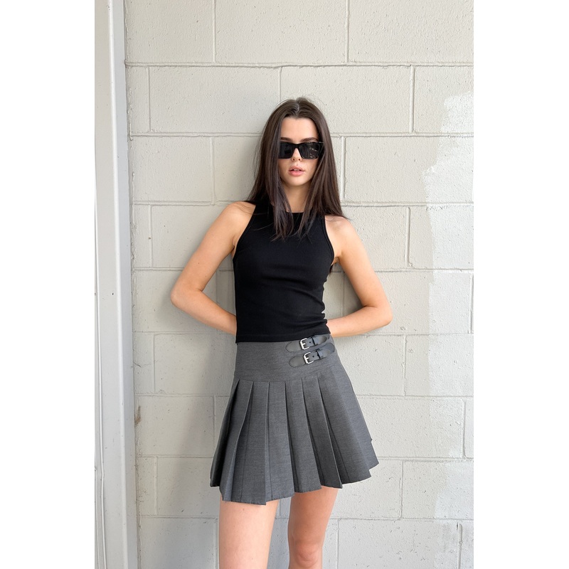 DOUBLE BELTED PLEATED MINI SKIRT GREY Extra Small