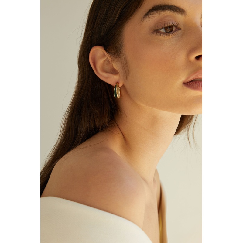 DOUBLE LAYERED HOOP STONE EARRING Green Taupe Gold One Size