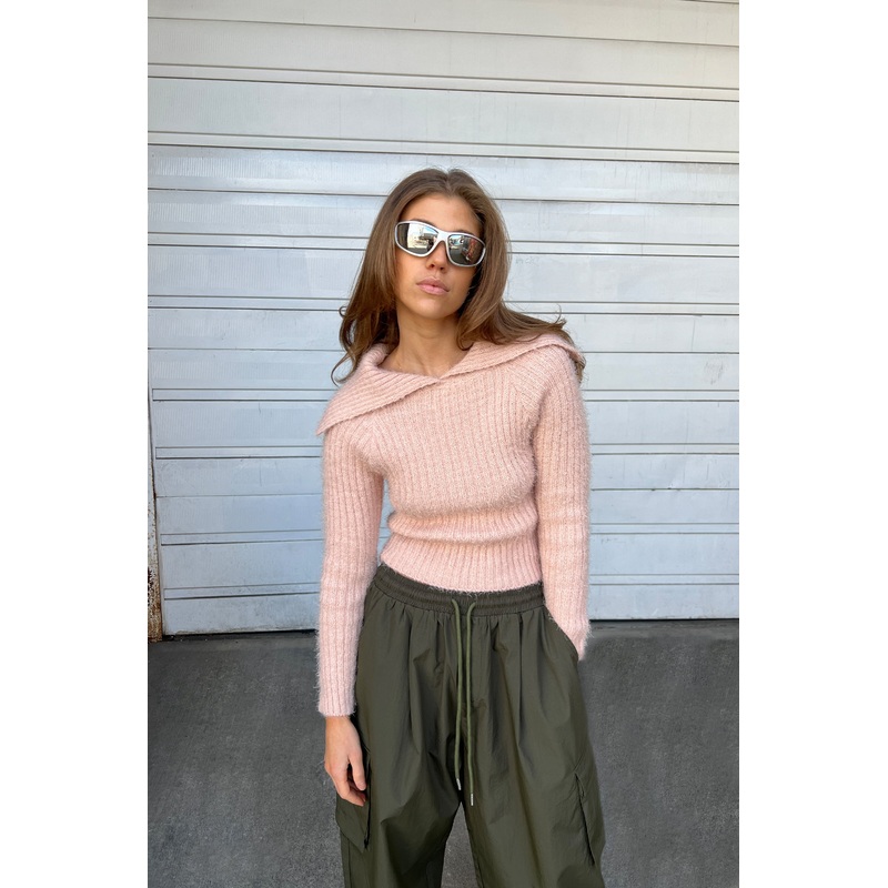 EXTENDED COLLAR KNIT SWEATER Pink Small