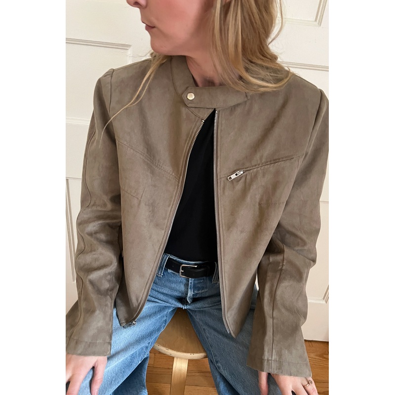 VEGAN SUEDE MOTO JACKET Taupe Double Extra Small