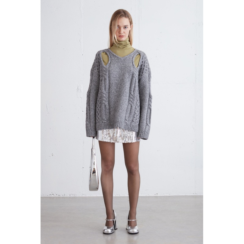 CHUNKY CABLE KNIT SWEATER WITH CUTOUT Black Extra Extra Small Extra Small