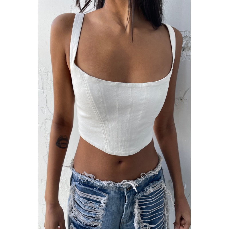 CROPPED DENIM BUSTIER TOP Cream Extra Small