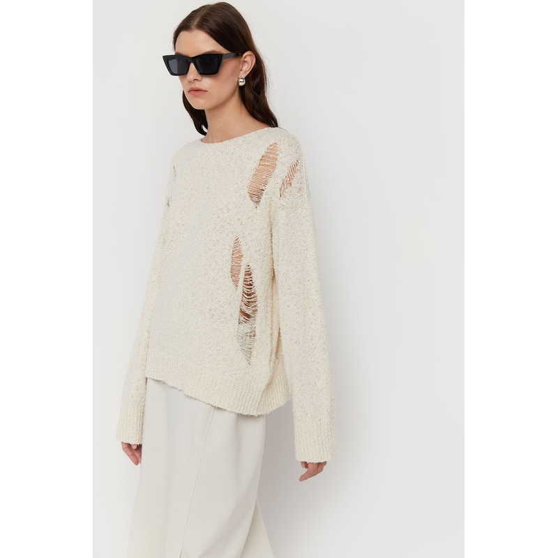 DISTRESSED OVERSIZED SWEATER Cream Small