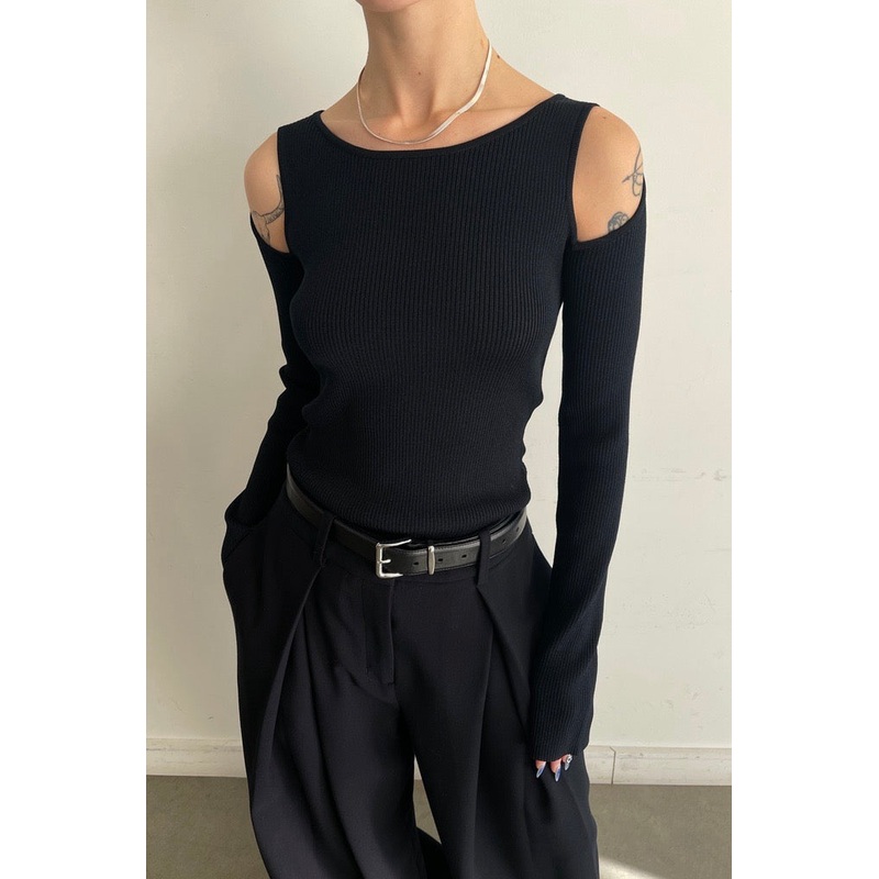 RIBBED SHOULDER CUTOUT SWEATER White Extra Small