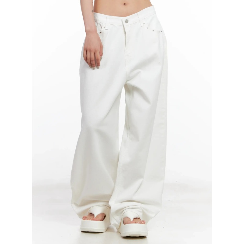 Studded Wide-Leg Cotton Pants CL525 White S