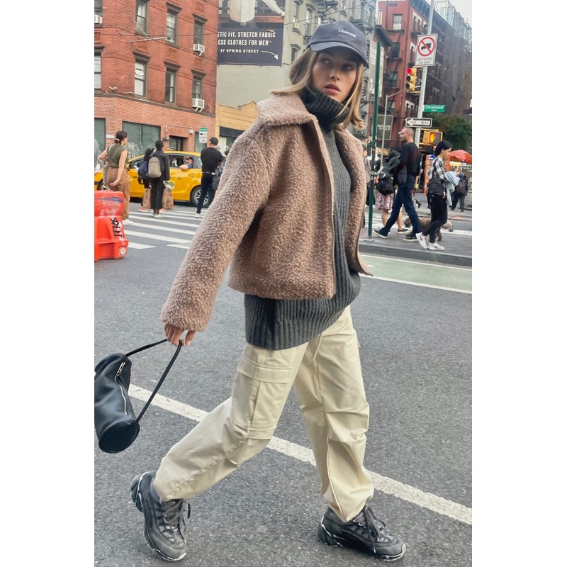 CROPPED SHEARLING BOMBER JACKET Taupe Grey Extra Extra Small Extra Small