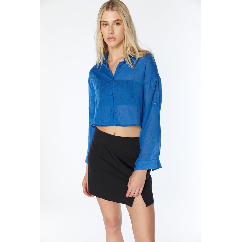 CROPPED SHEER BUTTON UP Cobalt Blue Small