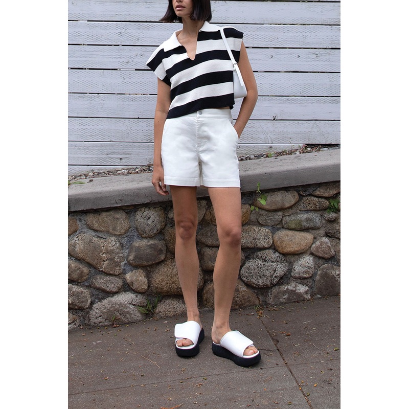 CROPPED STRIPED COLLARED SWEATER Cream Black Extra Small