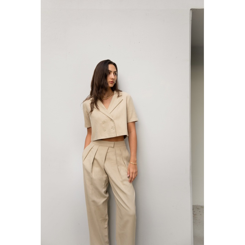 COTTON LINEN WOVEN TOP Beige Extra Small