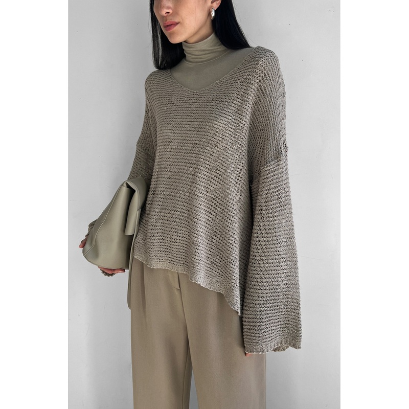 CROCHET LONG SLEEVE TOP Khaki Small