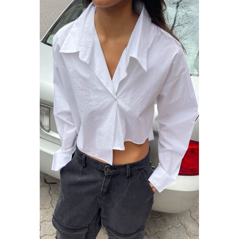CROPPED ASYMMETRICAL HEM SHIRT White Extra Extra Small Extra Small