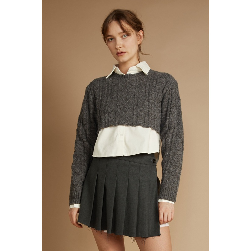 CROPPED CABLE KNIT SWEATER GREY Small
