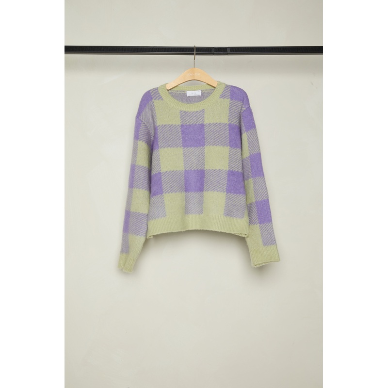 CROPPED CHECK PRINT SWEATER Purple Small