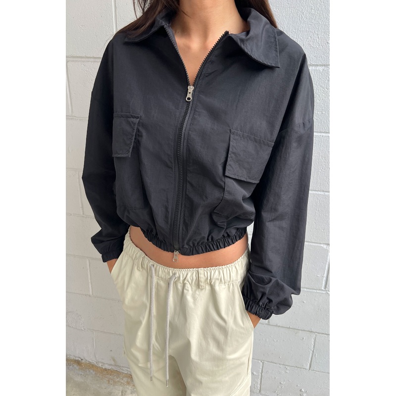 CROPPED COLLARED NYLON JACKET Black Extra Small