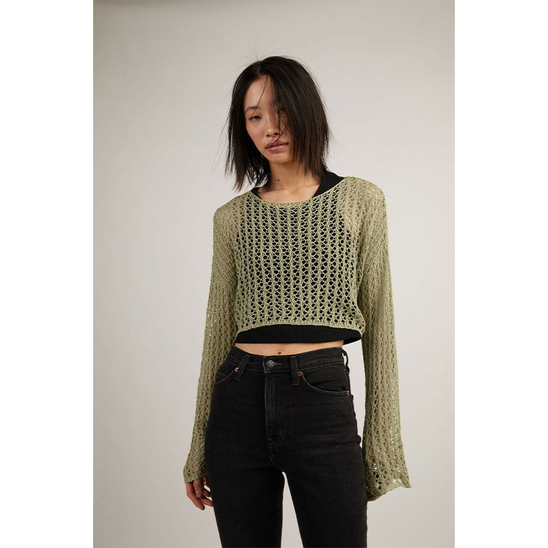 CROPPED CROCHET SWEATER Khaki Small
