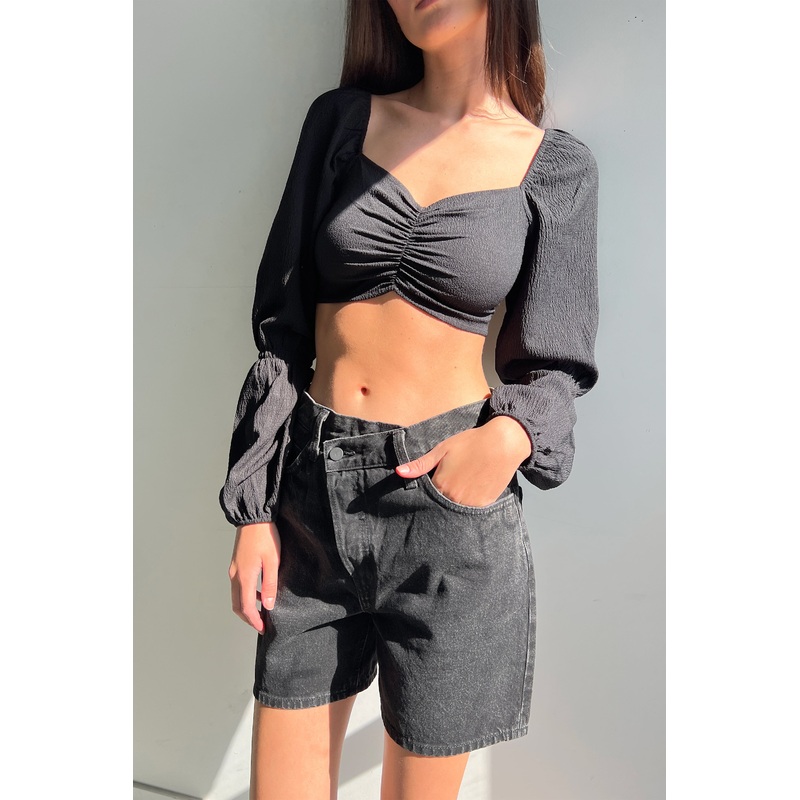 CROPPED PUFF SLEEVE TOP Black Double Extra Small