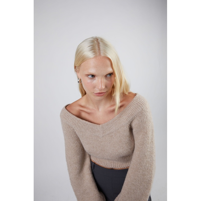 CROPPED WIDE NECKLINE SWEATER HEATHER STUCCO GREY Double Extra Small