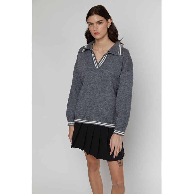 CONTRAST TRIM COLLARED SWEATER Light Gray One Size