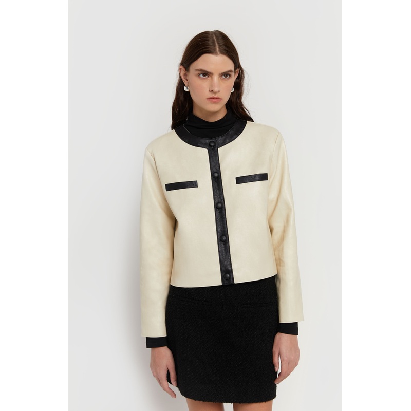 CONTRAST TRIM VEGAN LEATHER JACKET Cream Small