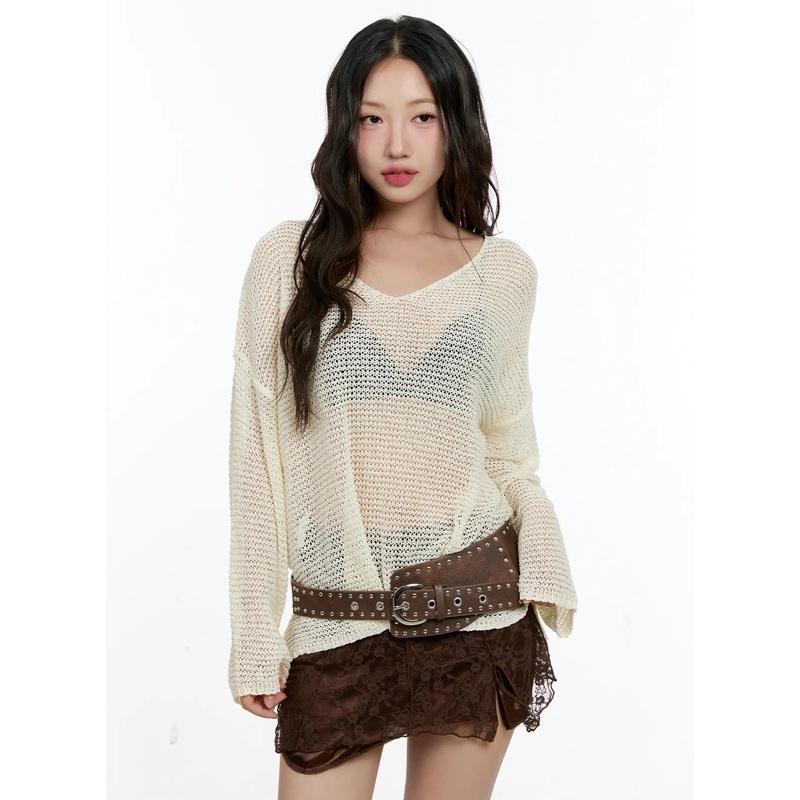 Mesh V-Neck Long-Sleeve Top CL531 Light beige M/L