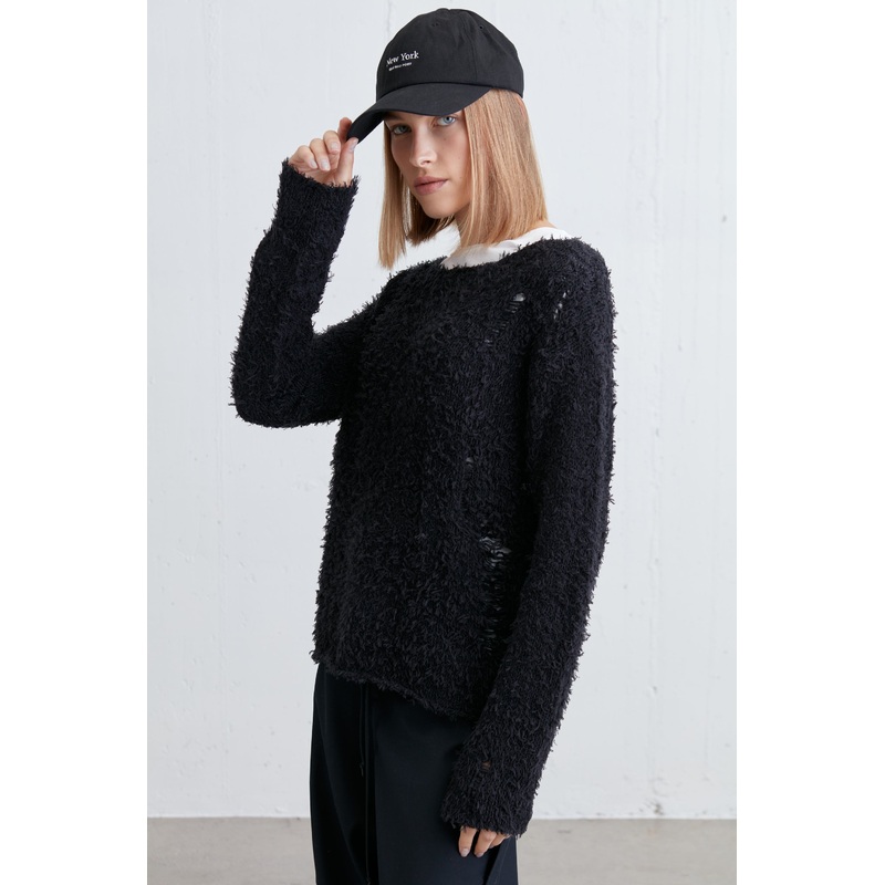 TEXTURED DISTRESSED SWEATER Black Double Extra Small