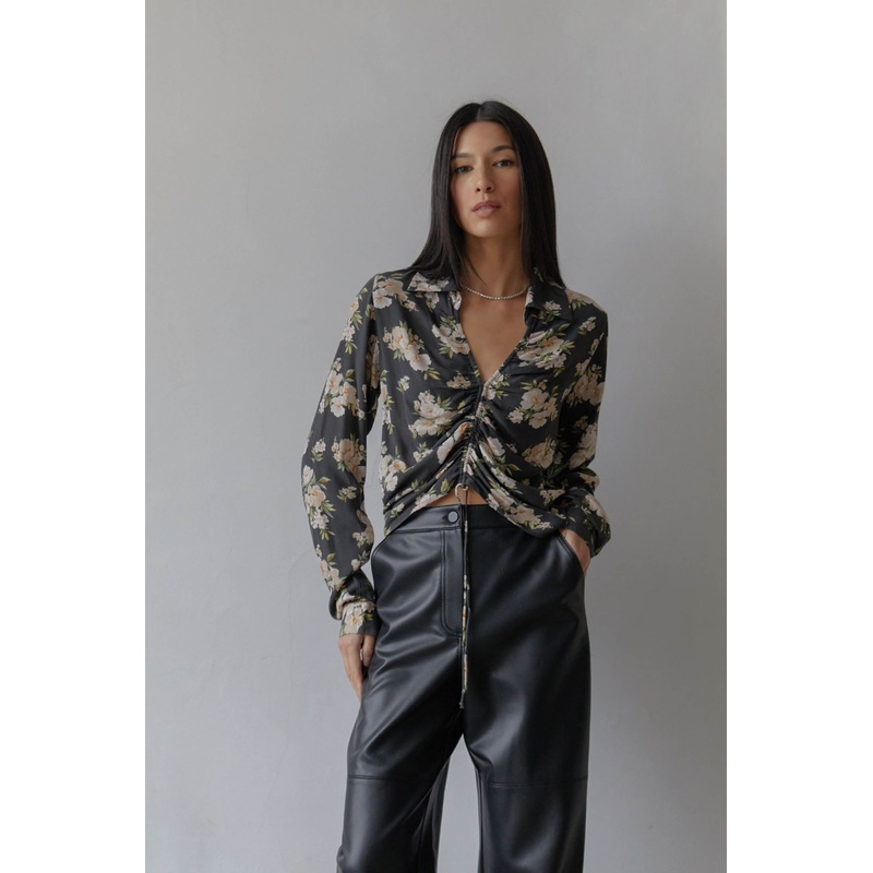 COLLARED FLORAL BLOUSE Black Print Extra Small
