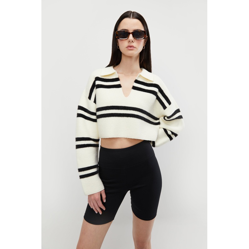 COLLARED STRIPED SWEATER Cream Black Stripe Extra Small