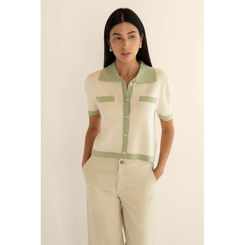 CONTRAST TRIM POLO SWEATER Oat Milk Elm Double Extra Small