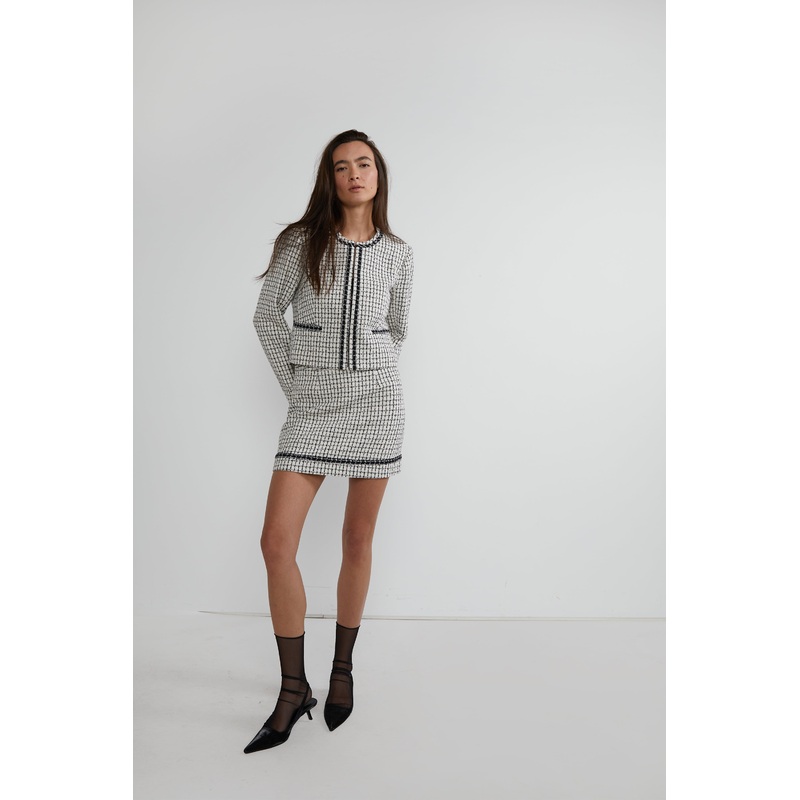 TWEED COLLARLESS BLAZER Cream Black Grid Double Extra Small