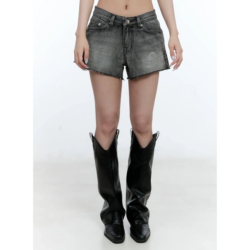 Washed Cubic Accent Denim Shorts CG501 Black S