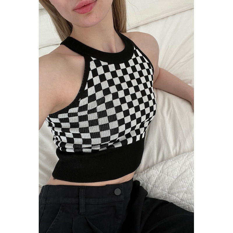CHECKERED HALTER TANK Black Checker Small