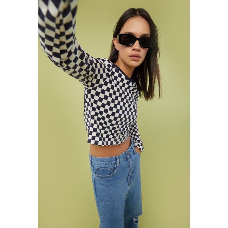 CHECKERED LONG SLEEVE TOP Navy Checker Small