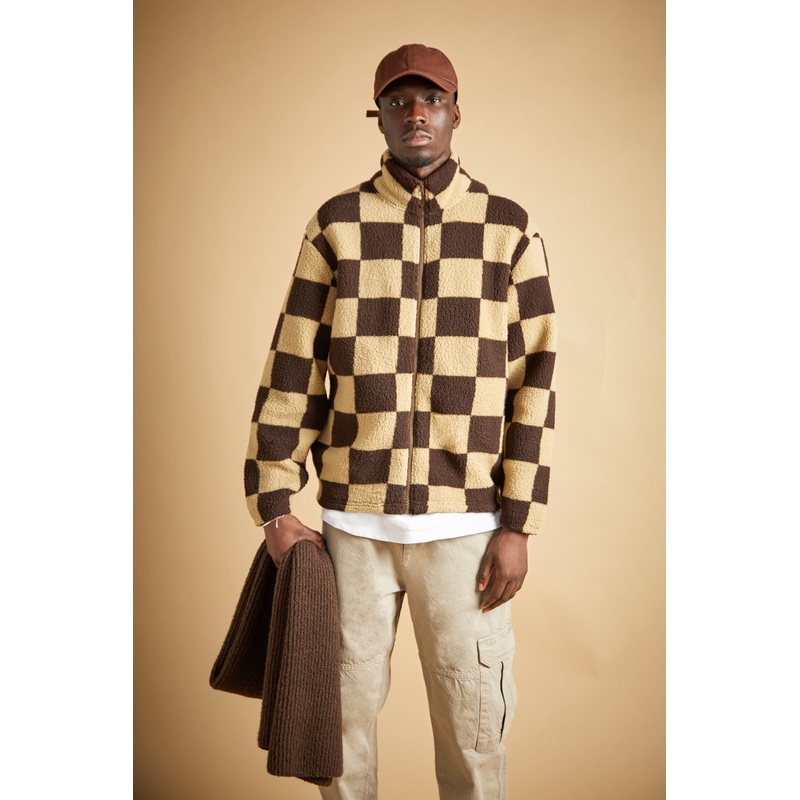 CHECKERED SHERPA ZIP-UP Chocolate Beige Double Extra Small