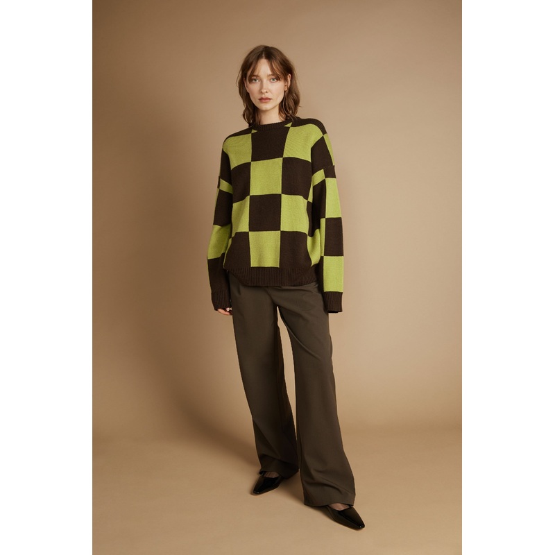 CHECKERED SWEATER Dark Citron Major Brown Double Extra Small