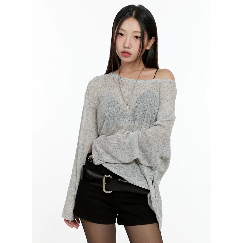 Off-Shoulder Sheer Long-Sleeve Top CG501 Gray S/M