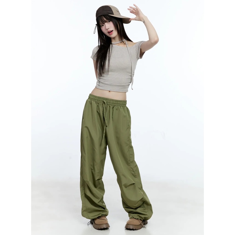 Wide-Leg Nylon Pintuck Pants CG507 Dark green M/L