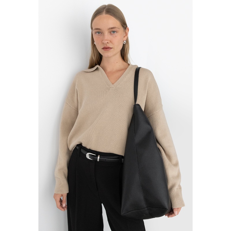 COLLARED CHUNKY KNIT SWEATER Beige Extra Small