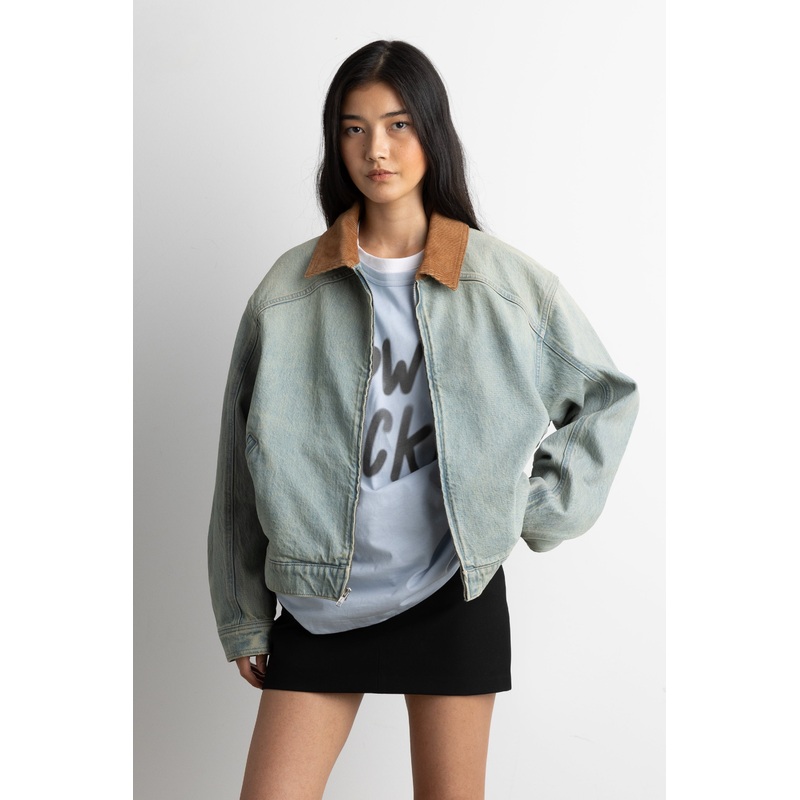 DENIM BOMBER WITH CORDUROY COLLAR Sand Light Wash Double Extra Small