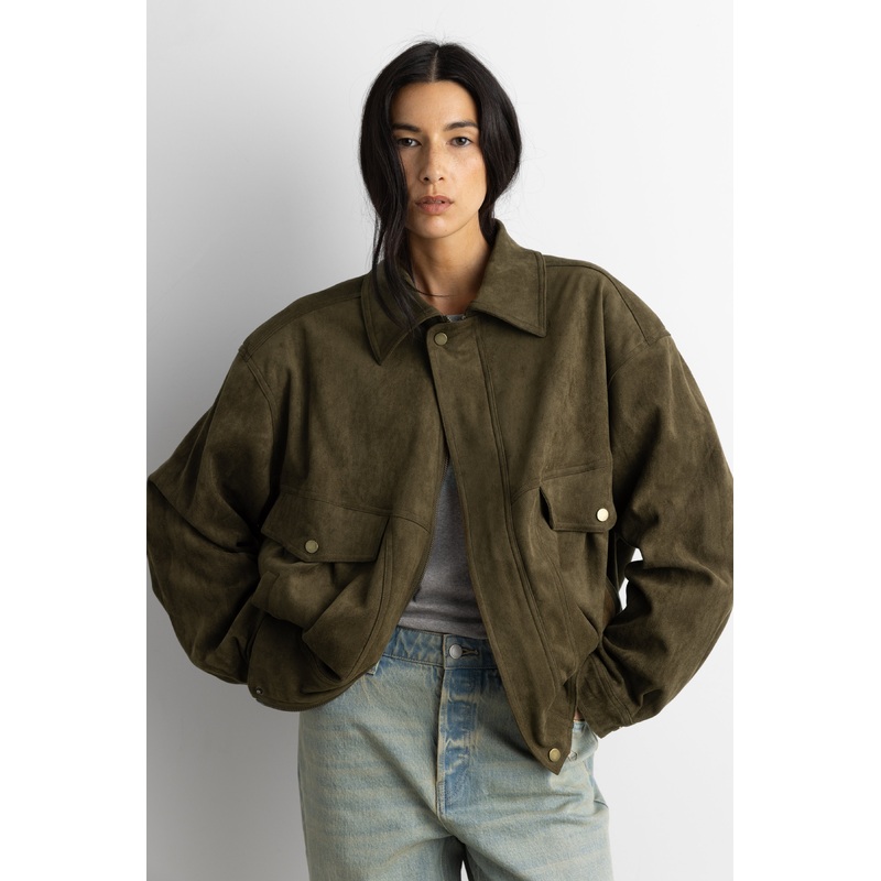 VEGAN SUEDE BOMBER JACKET Dark Olive Extra Small