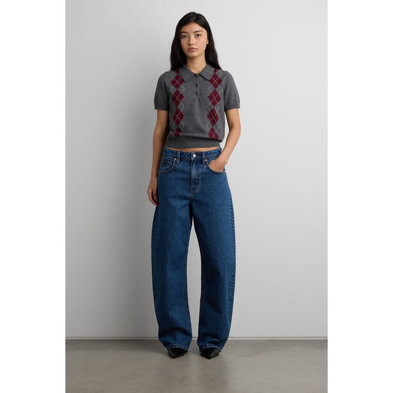 ARGYLE SHORT SLEEVE POLO SWEATER Dark Heather Grey Argyle Extra Small