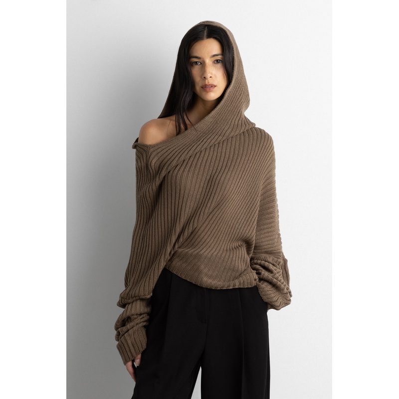 SLOUCHY OFF THE SHOULDER KNIT HOODIE Bronze Brown Extra Small