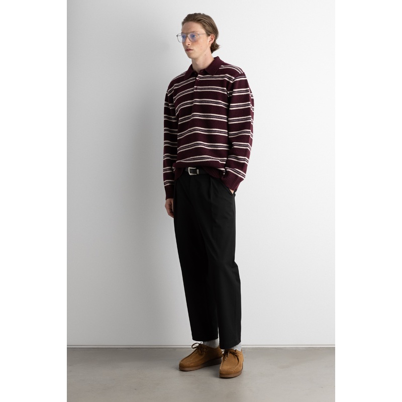 STRIPED LONG SLEEVE POLO SWEATER Wine Stripe Extra Small