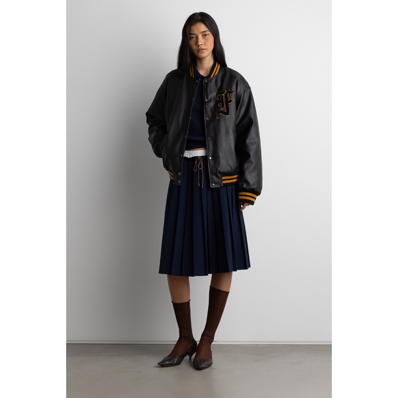 VEGAN LEATHER LETTERMAN BOMBER JACKET Black Extra Small