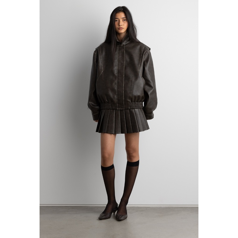 VEGAN LEATHER PLEATED MINI SKORT Vintage Brown Extra Small