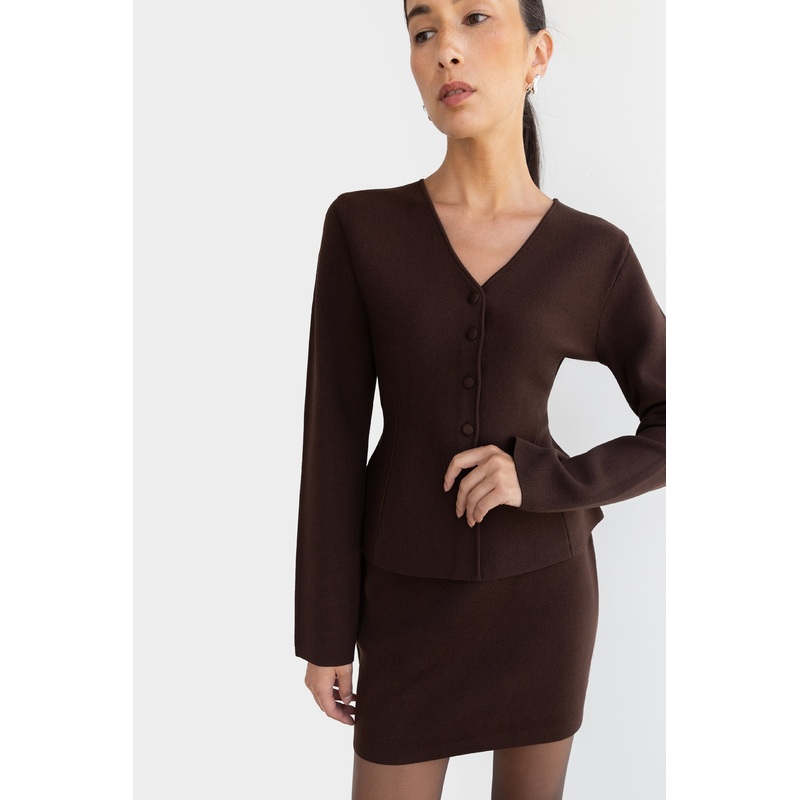 BUTTON FRONT PEPLUM SWEATER Coffee Bean Extra Small