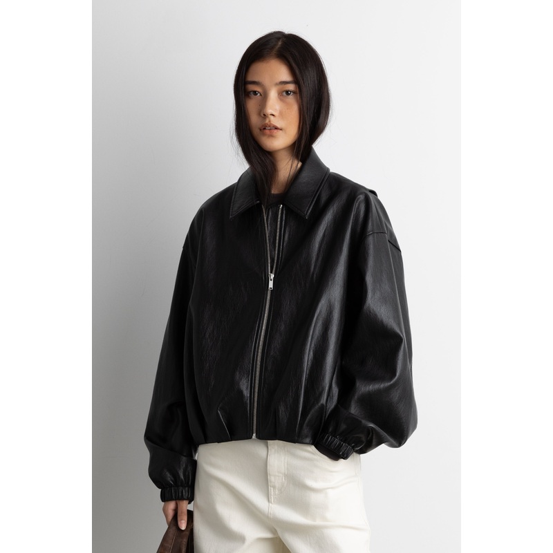 VEGAN LEATHER BOMBER JACKET WITH PLEATS Black Extra Small