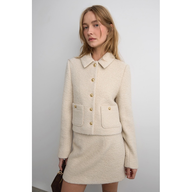 BOUCLE WOOL BLEND COLLARED JACKET Birch Extra Small